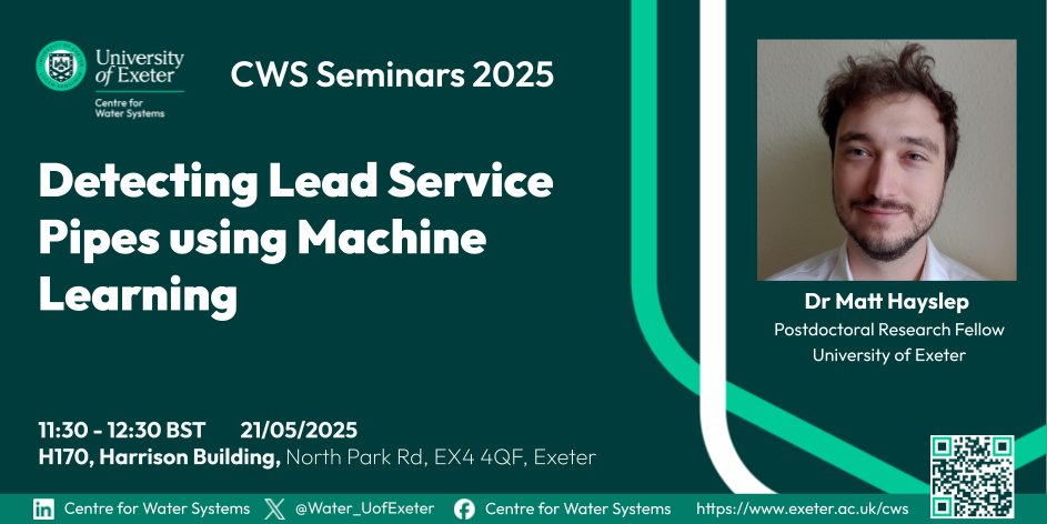 Centre for Water Systems (@water_uofexeter) on Twitter photo Join us for our next CWS Seminar on 2️⃣1️⃣ May with Dr Matt Hayslep as he dives into research at <a href="/CREWW_uk/">Centre for Resilience in Environment Water & Waste</a> which shows how #data and #machinelearning are used to detect lead service pipes.
📅2️⃣1️⃣ May
🕦1️⃣1️⃣:3️⃣0️⃣ - 1️⃣2️⃣:3️⃣0️⃣ PM
📍 Harrison 170 & online
🔗 events.teams.microsoft.com/event/487ba262… Join us for our next CWS Seminar on 2️⃣1️⃣ May with Dr Matt Hayslep as he dives into research at <a href="/CREWW_uk/">Centre for Resilience in Environment Water & Waste</a> which shows how #data and #machinelearning are used to detect lead service pipes.
📅2️⃣1️⃣ May
🕦1️⃣1️⃣:3️⃣0️⃣ - 1️⃣2️⃣:3️⃣0️⃣ PM
📍 Harrison 170 & online
🔗 events.teams.microsoft.com/event/487ba262…