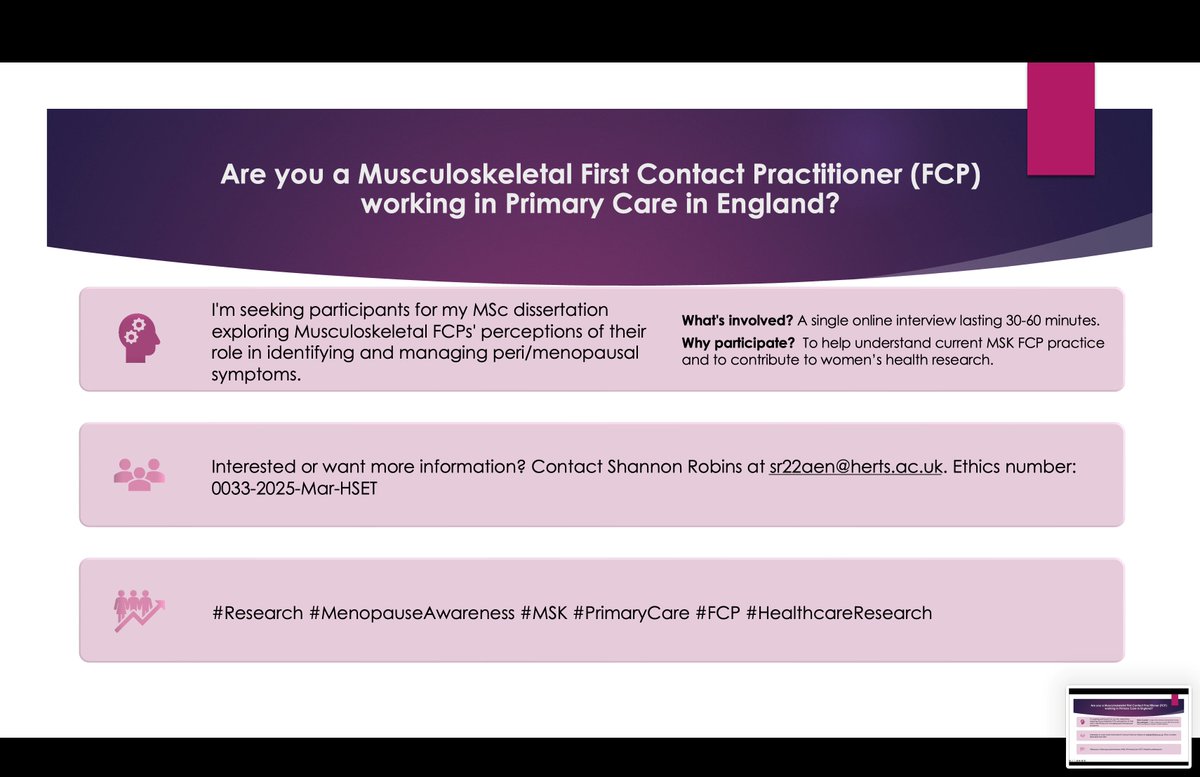 Uni Herts Post Grad Physio (@uh_pg_physio) on Twitter photo Are you a FCP working in primary care? Please support this Masters research exploring the FCP role and peri/ menopause. Your insights are crucial! Please contact Shannon to take part: sr22aen@herts.ac.uk
Please feel free to share.
<a href="/UH_PG_Physio/">Uni Herts Post Grad Physio</a> @UH_HSK Are you a FCP working in primary care? Please support this Masters research exploring the FCP role and peri/ menopause. Your insights are crucial! Please contact Shannon to take part: sr22aen@herts.ac.uk
Please feel free to share.
<a href="/UH_PG_Physio/">Uni Herts Post Grad Physio</a> @UH_HSK