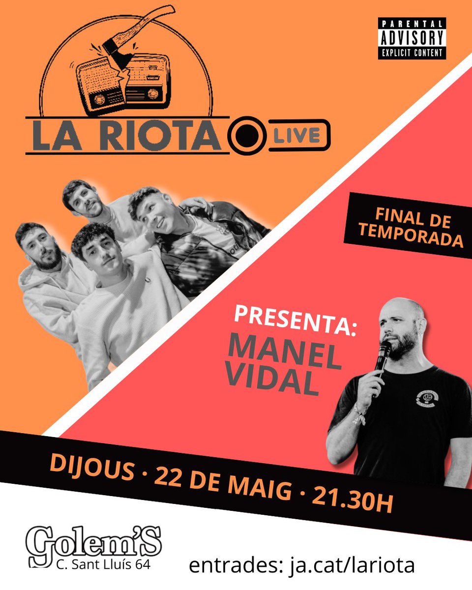 La Riota (@lariota750) on Twitter photo Dijous 22 de maig farem programa en directe al <a href="/golemsteatre/">Golem’S</a> . Presentat per <a href="/massanagranaire/">Manel Vidal Boix</a> . Amb <a href="/andreuginola/">Andreu Ginola</a> i alguna sorpresa més… (Artur Mas). Pilleu entrades que son baratíssimes.
entrapolis.com/entrades/la-ri… Dijous 22 de maig farem programa en directe al <a href="/golemsteatre/">Golem’S</a> . Presentat per <a href="/massanagranaire/">Manel Vidal Boix</a> . Amb <a href="/andreuginola/">Andreu Ginola</a> i alguna sorpresa més… (Artur Mas). Pilleu entrades que son baratíssimes.
entrapolis.com/entrades/la-ri…