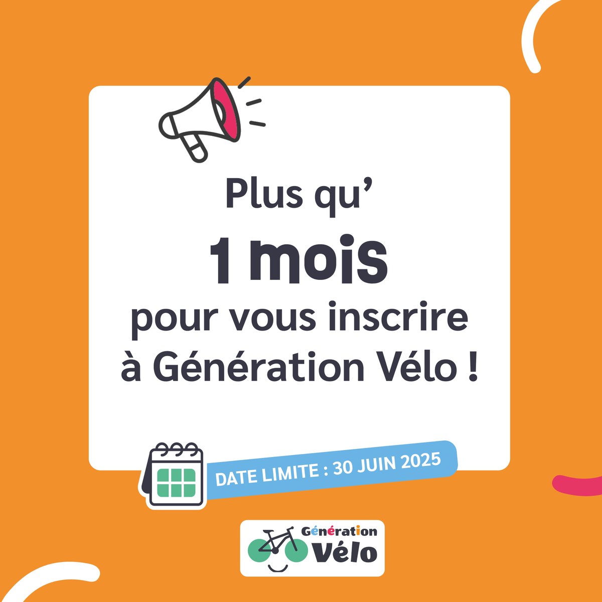 [RAPPEL]
Plus qu’un mois pour rejoindre <a href="/GenerationVelo/">Génération Vélo</a>  !
Les inscriptions se terminent le 30 juin
Deux options de financement sont disponibles :
👉 Plus d’infos ici : generationvelo.fr