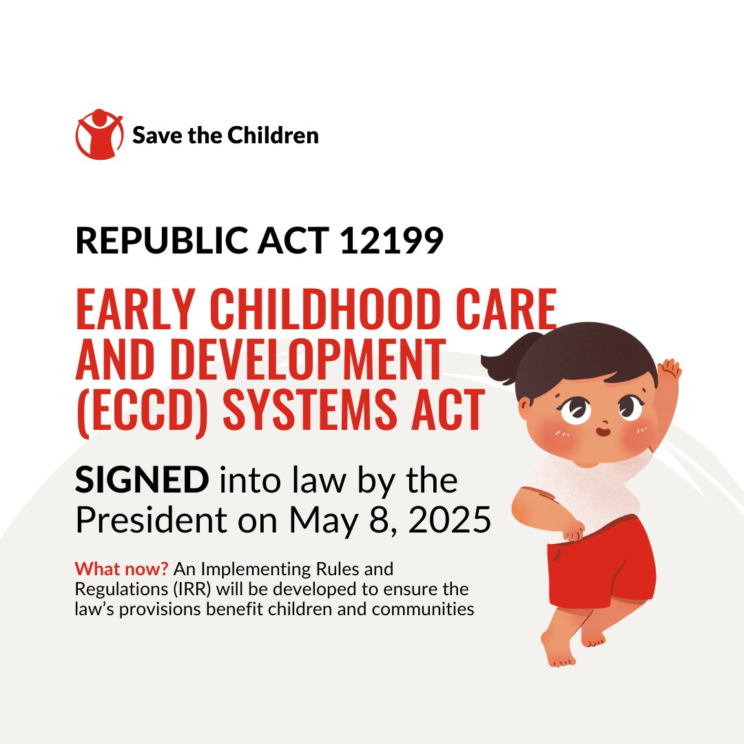 SaveChildrenPH's tweet photo. Republic Act 12199 is now law! 

Save the Children celebrates the signing of the Early Childhood Care and Development (ECCD) Systems  Act, advancing holistic care for children ages 0–8.

Full: https://t.co/NdKRJYV5Xf

#ForAndWithChildren https://t.co/IEuw4Ga6OT