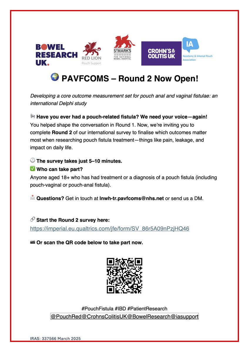 Easan Anand (@easan_anand) on Twitter photo If you are a patient with a pouch anal or vaginal fistula, we would love to hear your opinion! Round 2 of PAVFCOMS is open now.
imperial.eu.qualtrics.com/jfe/form/SV_86…
<a href="/CrohnsColitisUK/">Crohn's & Colitis UK</a> <a href="/BowelResearch/">Bowel Research UK</a> <a href="/iasupport/">IA (Ileostomy and Internal Pouch Association)</a> <a href="/PouchRed/">RedLionPouchSupport</a> If you are a patient with a pouch anal or vaginal fistula, we would love to hear your opinion! Round 2 of PAVFCOMS is open now.
imperial.eu.qualtrics.com/jfe/form/SV_86…
<a href="/CrohnsColitisUK/">Crohn's & Colitis UK</a> <a href="/BowelResearch/">Bowel Research UK</a> <a href="/iasupport/">IA (Ileostomy and Internal Pouch Association)</a> <a href="/PouchRed/">RedLionPouchSupport</a>