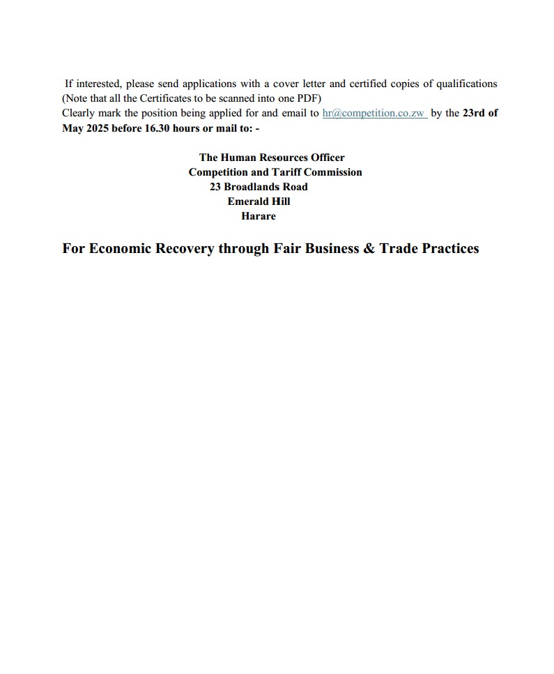 CTC Zimbabwe (@ctczimbabwe) on Twitter photo #Career Opportunities in Competition Regulation and Trade Tariff Assistance. Visit:
competition.co.zw/vacancies/
Investigation Officer * 2
Graduate Trainee - Accounting * 1; Research *1; Restrictive Practice * 2 Trade Tariffs * 1 Trade Remedies * 2
<a href="/VacancyMail/">VacancyMail.co.zw</a> #Career Opportunities in Competition Regulation and Trade Tariff Assistance. Visit:
competition.co.zw/vacancies/
Investigation Officer * 2
Graduate Trainee - Accounting * 1; Research *1; Restrictive Practice * 2 Trade Tariffs * 1 Trade Remedies * 2
<a href="/VacancyMail/">VacancyMail.co.zw</a>