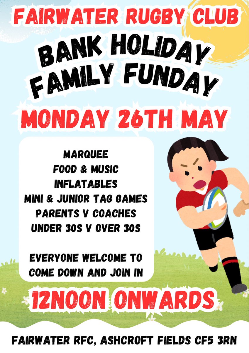 Bank Holiday Weekender

🏅 Sunday 25th May - Minis &amp; Juniors Presentation 3-9pm

🏉 Monday 26th May - Bank Holiday Family Funday from 12pm

This is a free community event; everyone is welcome. Bring a picnic blanket or some chairs and enjoy the activities in the sunshine ☀️