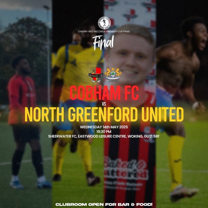 TONIGHT- Weather looking good for a night out at Eastwood. 

We are pleased to be hosting the Combined Counties Premier Cup Final 🏆

The match between Cobham v North Greenford Utd will take place this Wednesday 14th May, 7:30pm KO.

Our bar and clubroom will be open for all