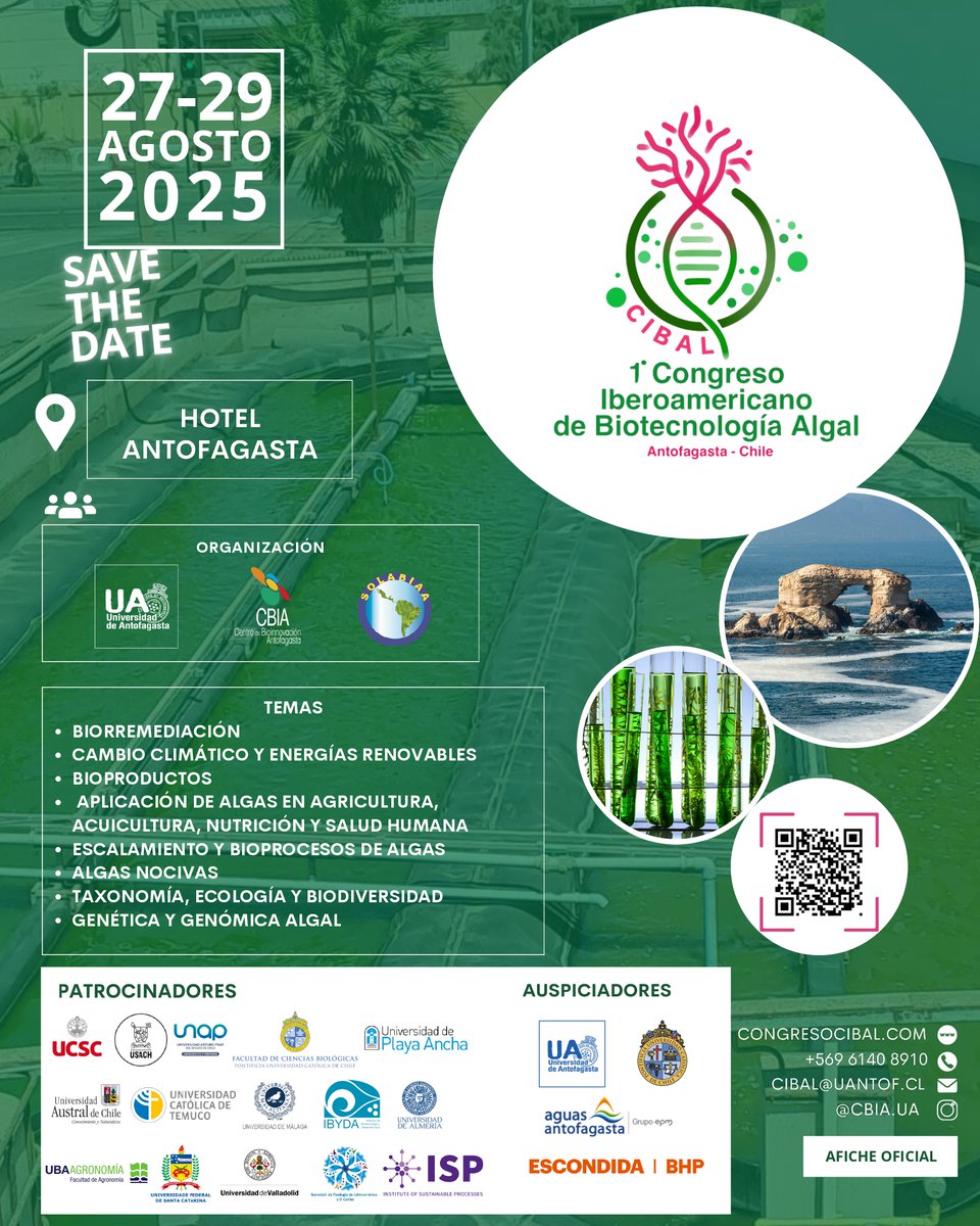 Join us at the 1st Ibero-American Congress on Algal Biotechnology! Our researchers will be there, sharing their expertise and knowledge on this exciting topic.

The event will take place from August 25-27, 2025 in Antofagasta, Chile.
More info: congresocibal.com