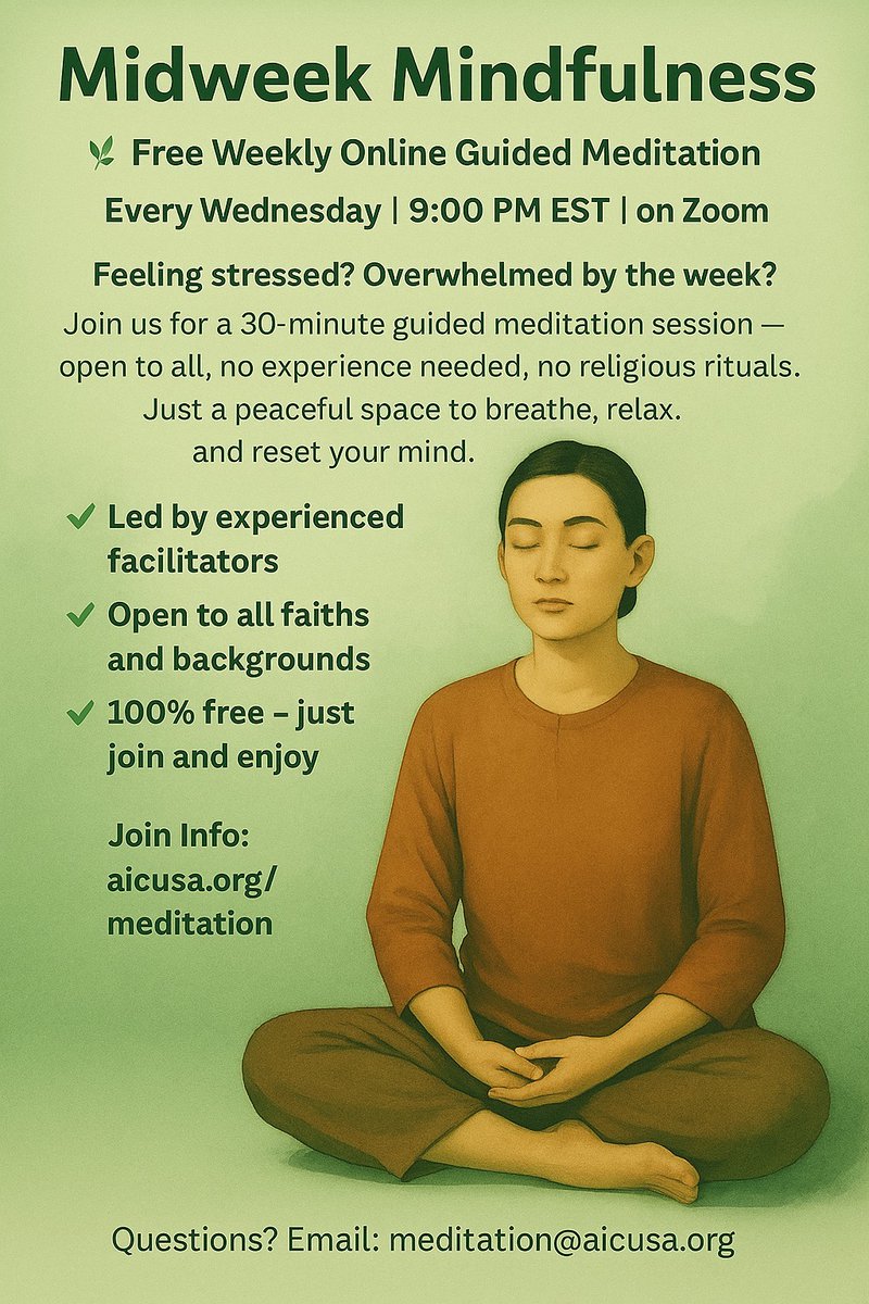 Aicusa.org/meditation
Meditation
- Welcome to Midweek Mindfulness
Free Weekly Online Guided Meditation – Open to All