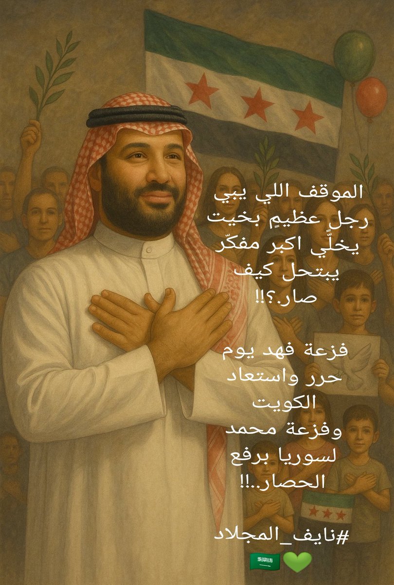 الموقف اللي يبي رجلٍ عظيمٍ بخيت
يخلّي اكبر مفكّر يبتحل كيف صار.؟!! 

فزعة فهد يوم حرر واستعاد الكويت
وفزعة محمد لسوريا برفع الحصار..!!

#نايف_المجلاد 🇸🇦💚
#محمددد_بن_سلمان_ينتصر_لسوريا
#محمد_بن_سلمان
#ولي_العهد
#سوريا
#ترامب