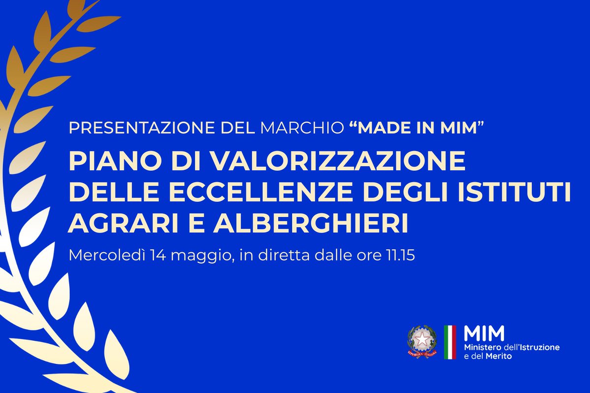 Oggi dalle ore 11.15, presso la Sala “Aldo Moro” del Ministero dell’Istruzione e del Merito, presenterò il marchio dei prodotti “Made in MIM”, nell’ambito del Piano di valorizzazione delle eccellenze degli Istituti Agrari e Alberghieri.
Nel corso della cerimonia saranno