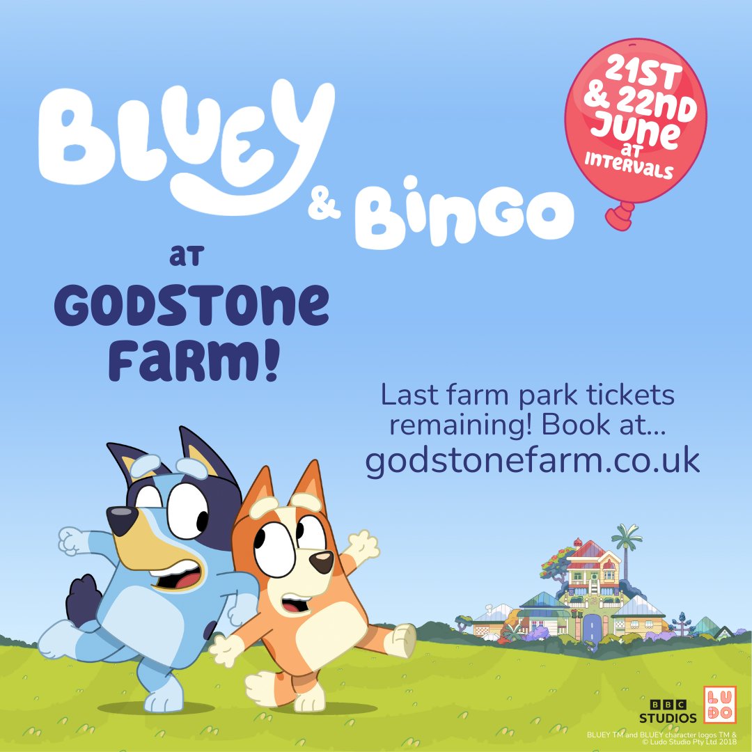 Don't miss out - Bluey and Bingo time slots are getting full!

Your ticket gives you access for the whole day to enjoy all the usual farmyard fun, as well as Bluey and Bingo themed activities.

shorturl.at/Ze5Rq

#godstonefarm #godstone #bluey #meetandgreet