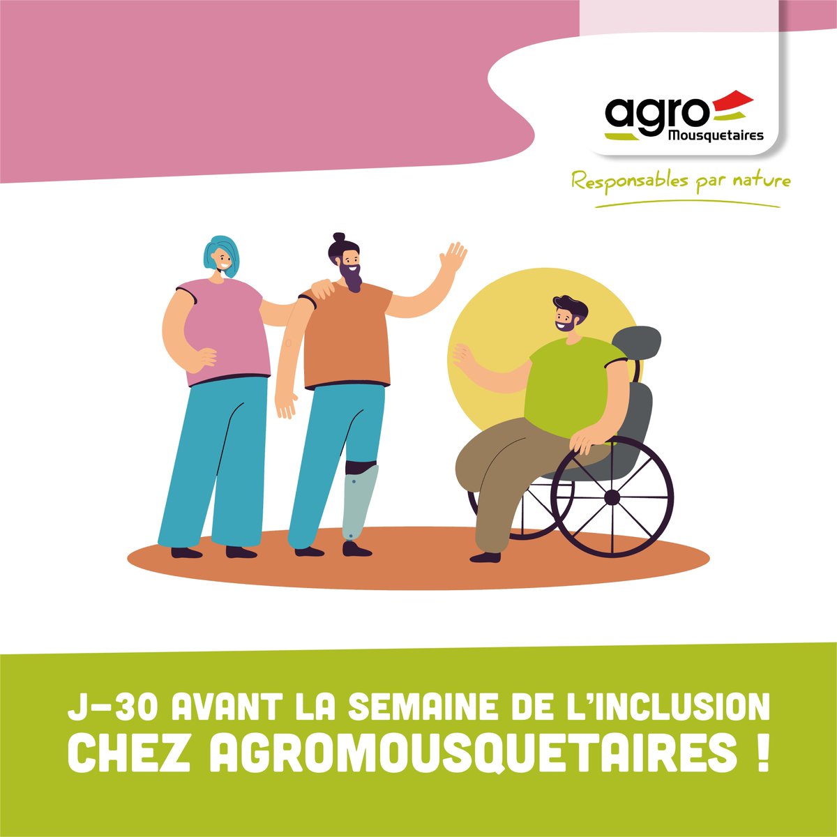 💚 J-30 avant la Semaine de l’Inclusion chez Agromousquetaires !
Du 16 au 20 juin, une dizaine d'usines seront mobilisées autour d’ateliers #QVCT, de jeux &amp; quiz sur le #handicap, et d’actions de sensibilisation. 

On se prépare pour une semaine engagée et conviviale ! 🚀