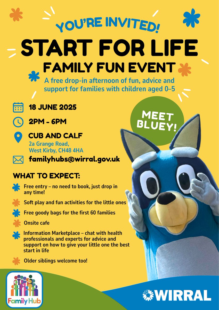 👶 Families of Wirral — this one’s for YOU!
Go to the free drop-in event on 18 June, 2–6pm at Cub and Calf 🎈
🧸 Fun for under-5s
🎁 Goody bags for the first 60 families
💬 Expert advice in a friendly space
#FamilyFun #WirralSupport