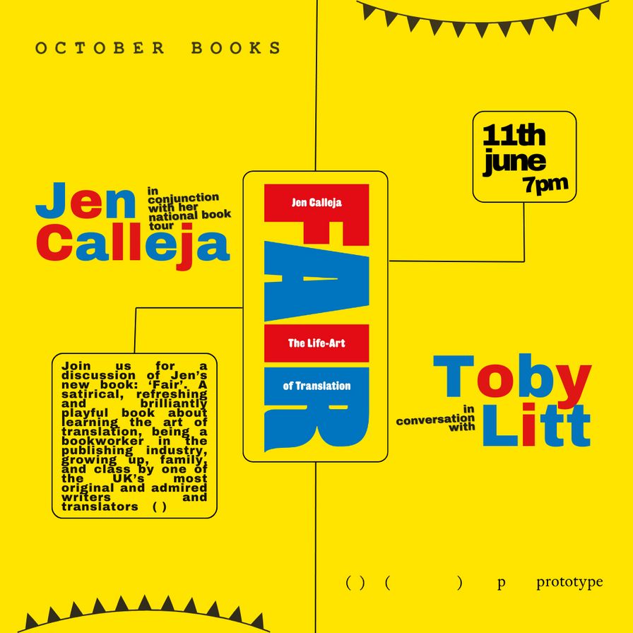 Four weeks away - Join us for an evening of conversation as part of Jen Calleja's book tour for her latest release: 'Fair: The Life-Art of Translation' 

It's a satirical, refreshing and brilliantly playful book about learning the art of translation. 

➡️ buff.ly/lsatrR7