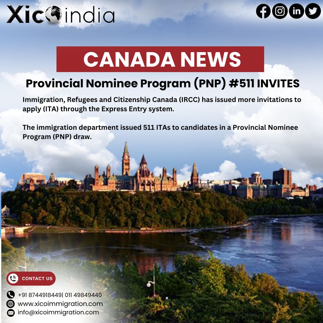 xicoindia_'s tweet image. The Express Entry draw for the Provincial Nominee Program (PNP) issued 511 invitations.

#expressentry #expressentrydraw #pnpprogram #pnp #crsscore #crs #immigrationconsultant #xicoindia #xicoindiaimmigration