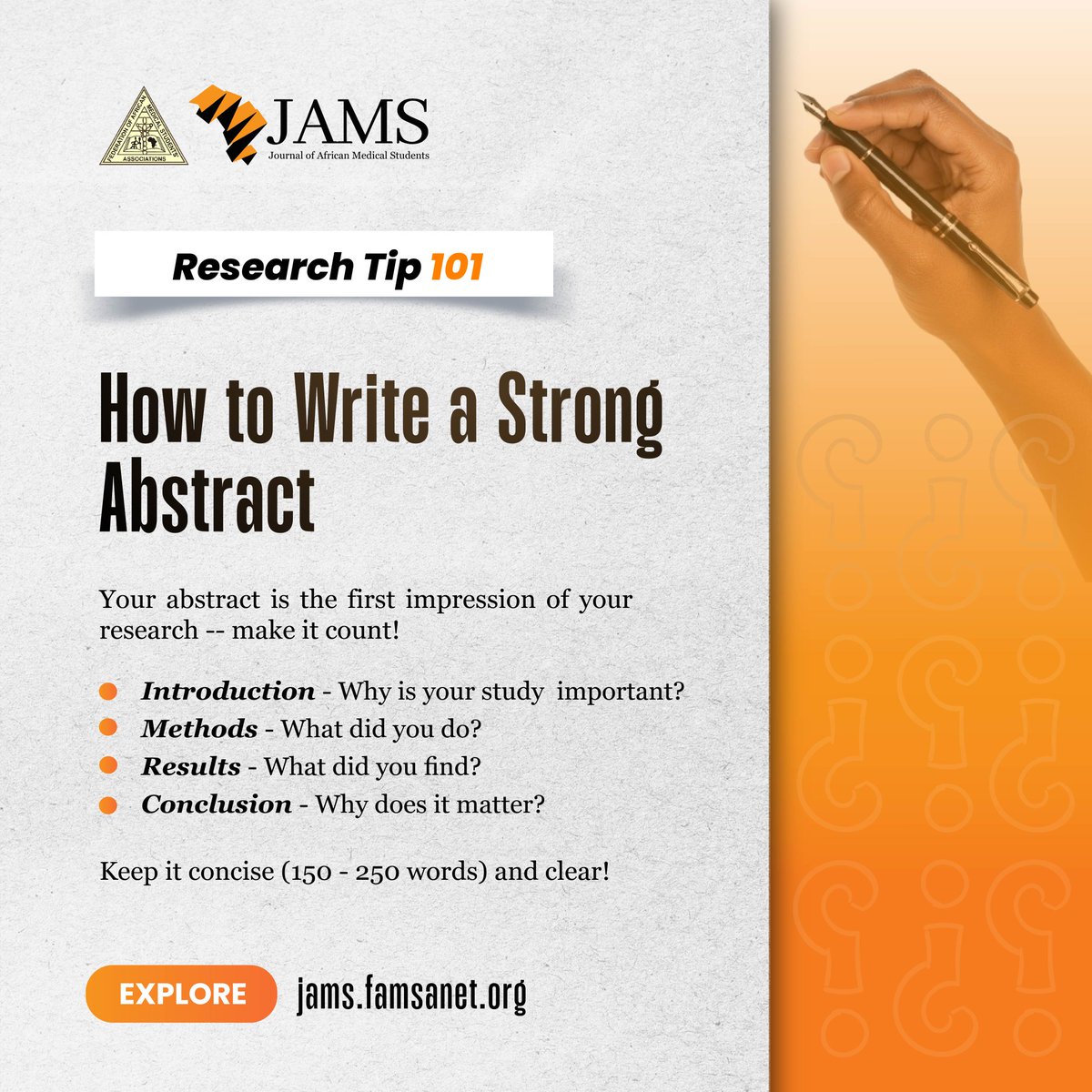 jamsbyfamsa's tweet image. Your abstract is your paper’s first impression, make it count!

✅ Why your study matters
✅ What you did
✅ What you found
✅ Why it matters

Keep it clear. Keep it concise.
Drop a 🧡 if you&apos;re working on a research paper!
#AcademicWriting #MedicalStudents #ResearchSimplified