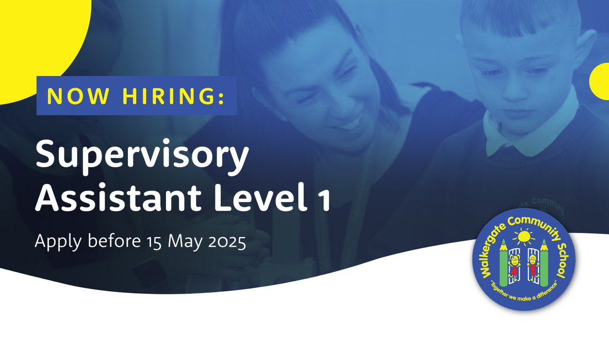 We’re hiring! Walkergate Community School is looking for a part-time Supervisory Assistant to ensure the safety &amp; wellbeing of our pupils during lunch. Work Monday to Friday, 11am-1:15pm. 
Apply today:
northeastjobs.org.uk/job/Supervisor…