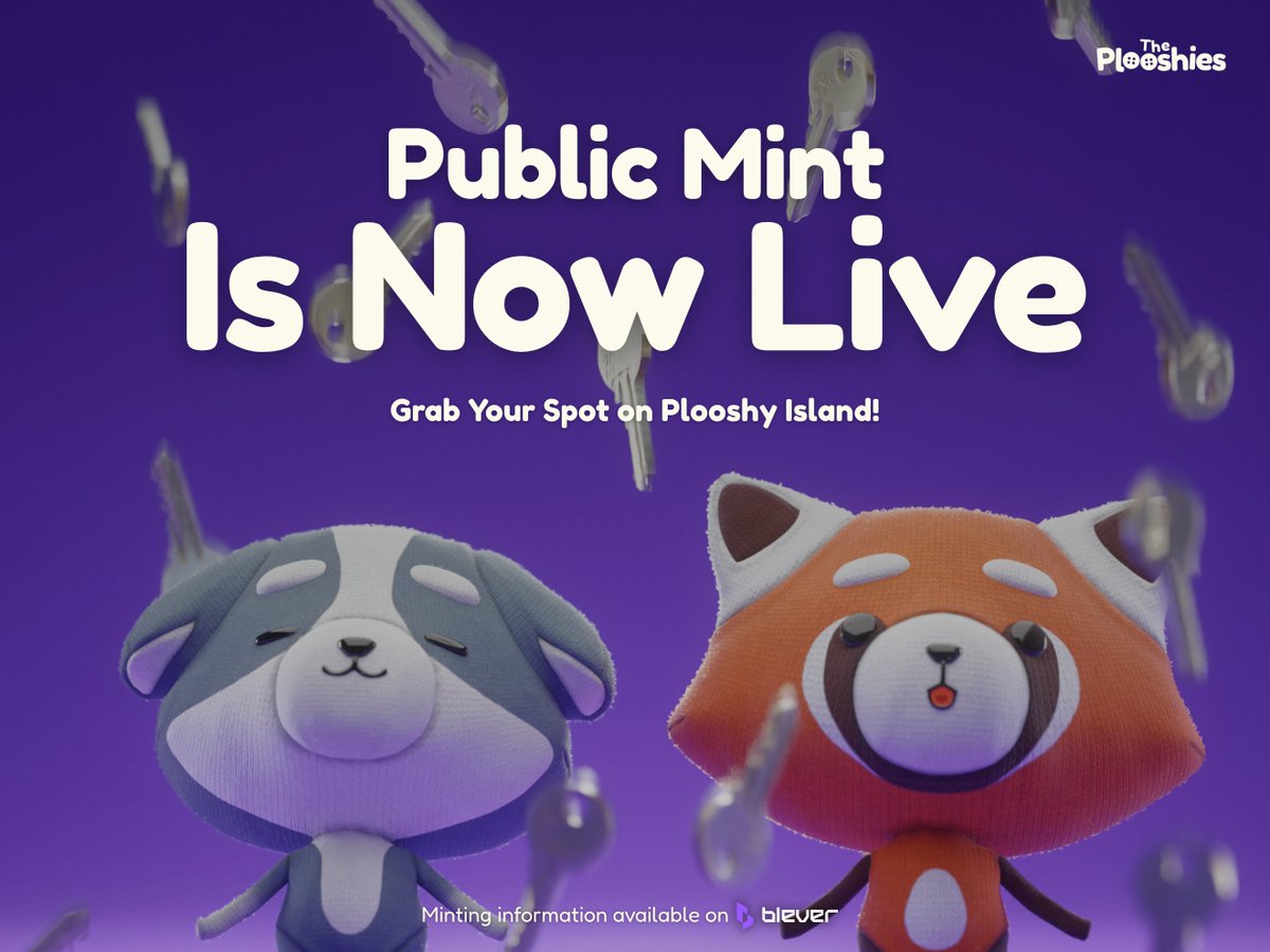 PUBLIC MINT IS LIVE! 🎉

The Plooshy Apartments Public Mint phase is now open! 🏘🏝

Mint your spot on Blever 👉 app.blever.xyz/drops/plooshy-…

Join the Plooshy Magic—see you on the island! 🦊
