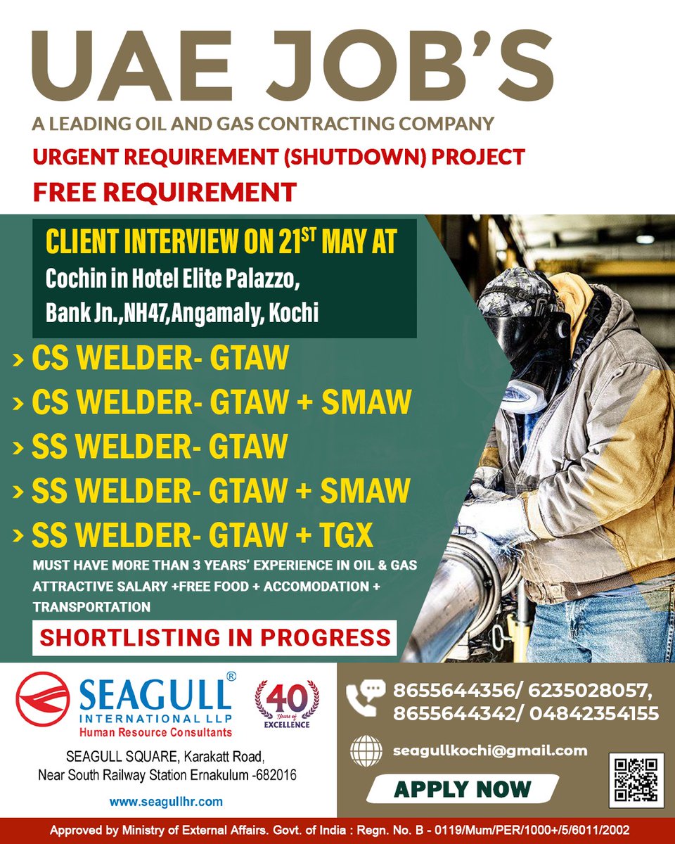hrd1_seagull's tweet photo. 🇦🇪UAE Jobs
💻Client Interview On 21st May
📍Location - Kochi
.
.
.
#uaejobs #seagull #cswelder #sswelder #shutdownproject https://t.co/33511oi5HP