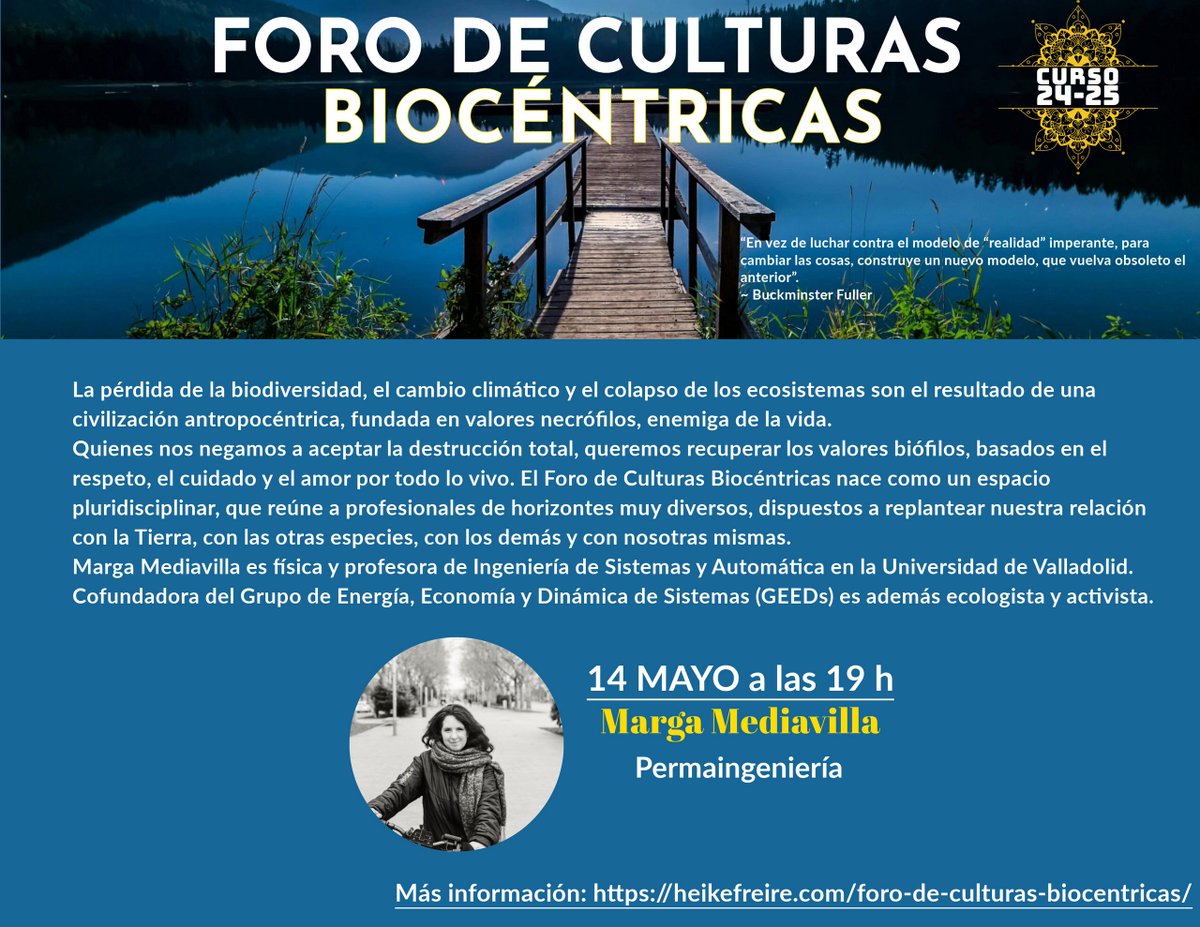 Grupo de Energía, Economía y Dinámica de Sistemas (@geedsuva) on Twitter photo 🌿Hoy el 14/05 a las 19h, acompáñanos en el Foro de Culturas Biocéntricas con la participación de <a href="/MediavillaMarga/">Marga Mediavilla</a>, profesora e investigadora de <a href="/GeedsUVa/">Grupo de Energía, Economía y Dinámica de Sistemas</a>. Una oportunidad para explorar enfoques innovadores hacia una cultura más respetuosa con la vida.
🔗 heikefreire.com/foro-de-cultur… 🌿Hoy el 14/05 a las 19h, acompáñanos en el Foro de Culturas Biocéntricas con la participación de <a href="/MediavillaMarga/">Marga Mediavilla</a>, profesora e investigadora de <a href="/GeedsUVa/">Grupo de Energía, Economía y Dinámica de Sistemas</a>. Una oportunidad para explorar enfoques innovadores hacia una cultura más respetuosa con la vida.
🔗 heikefreire.com/foro-de-cultur…