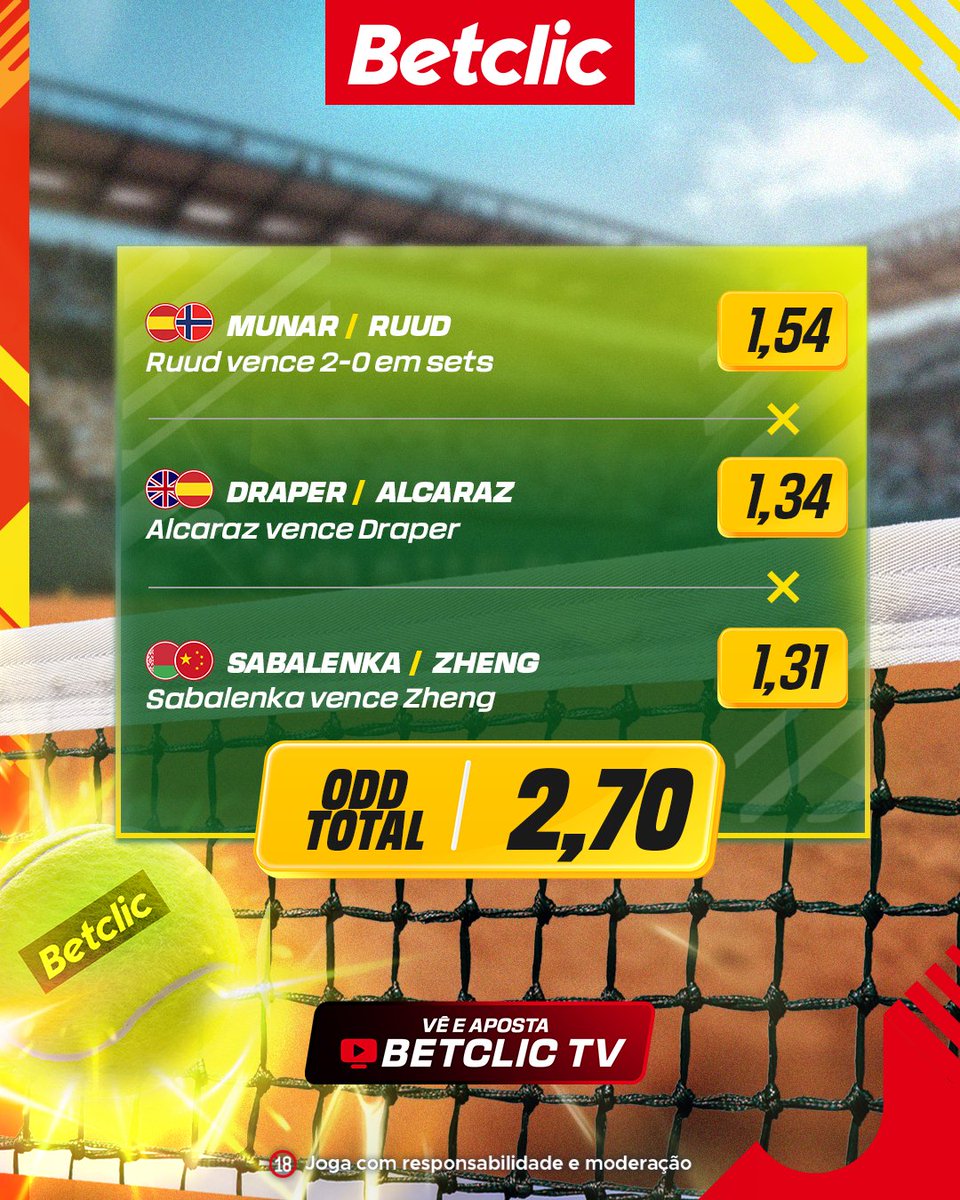 🎾 O estagiário do ténis está de volta e para verem a confiança dele, se esta aposta não bater sorteamos 10€ em Freebets para 10 pessoas! #ATPRome 

- Segue a <a href="/BetclicPortugal/">Betclic Portugal 🔞</a>
- RT + Like
- Comenta #TénisBetclic + Username

1 comentário por pessoa.