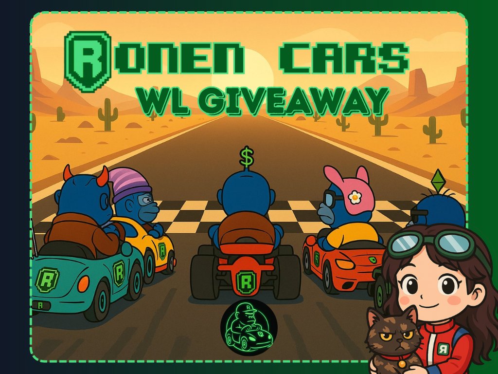 🏎️RONEN CARS WL GIVEAWAY! 🏎️

3 WL spots up for grabs (FCFS)
Mint up to 5x per spot 🔥

How to join:
💚 Follow <a href="/jenxxi10/">Jenxxi</a> <a href="/ronencoin/">Ronen Mining Network ✳️</a> <a href="/RonenCars/">Ronen Cars</a> 
💚 Like + RT
💚 Tag 3 friends
💚 Comment your Ronin address (no RNS)
💚 Join Discord: discord.gg/ronen

Let’s go! 🏁