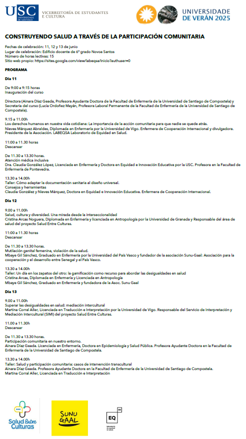 "Construyendo salud a través de la participación comunitaria" es un curso presencial de verano en la Universidad de Santiago de Compostela <a href="/UniversidadeUSC/">USC</a> organizado por <a href="/_labeqsa_/">Laboratorio de Equidad en Salud</a> en colaboración con SEC y  Sunu Gaal.

Inscríbete aquí: usc.gal/es/servicios/a…