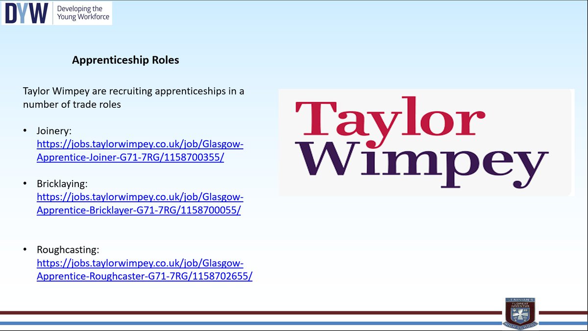 #Apprenticeships with <a href="/TaylorWimpey/">Taylor Wimpey</a> in Glasgow are now LIVE 🥳👷‍♀️🧱🏗️👷

Fantastic opportunity for those interested in starting a career with the #construction industry 🤩

⬇️More info:

blogs.glowscotland.org.uk/er/snhscareers…

<a href="/stninianshigh/">Saint Ninian's</a> 
<a href="/StNiniansDandT/">St Ninian's D&T</a>