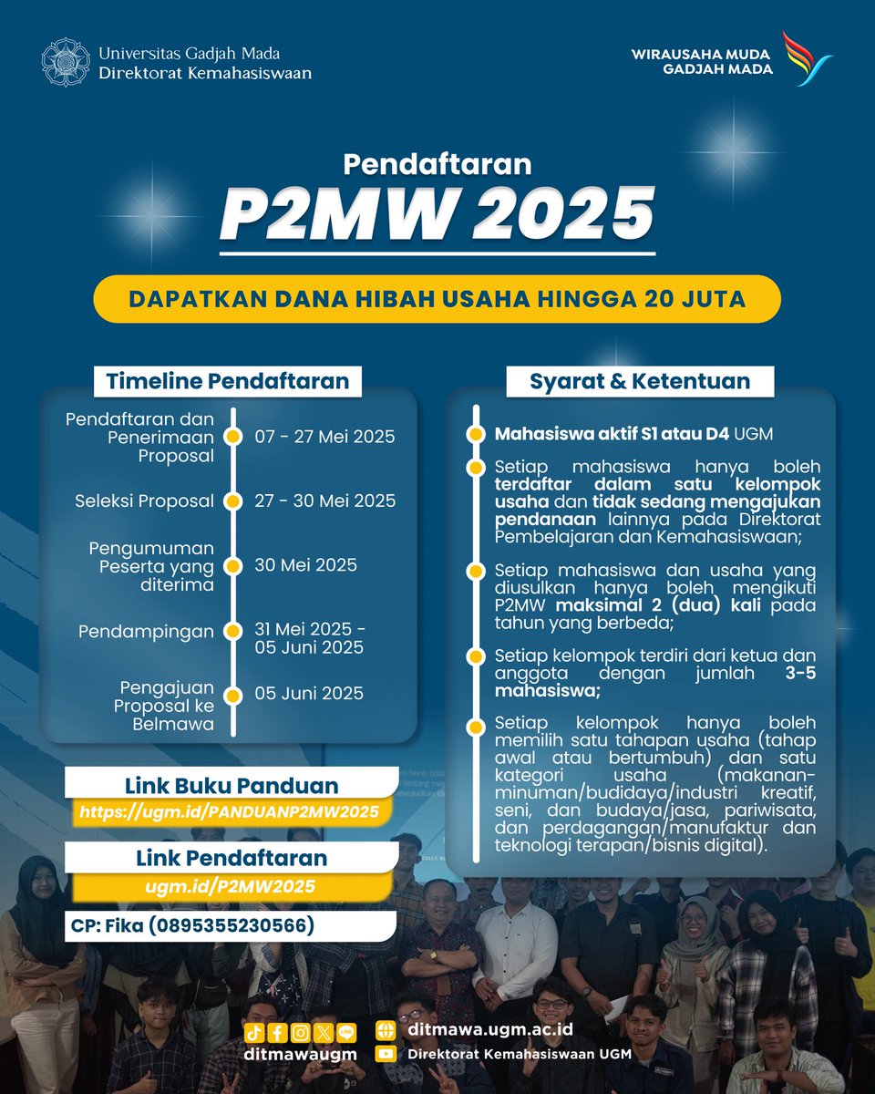 Pendaftaran Program Pembinaan Mahasiswa Wirausaha (P2MW) 2025 Resmi Dibuka! 🎉

Kalian yang ingin mengembangkan ide bisnis dan mendapatkan dukungan pendanaan? 
Saatnya bergabung dalam P2MW 2025 dan daftarkan tim usahamu sekarang juga!💡

📘 Informasi lengkap dapat diakses melalui