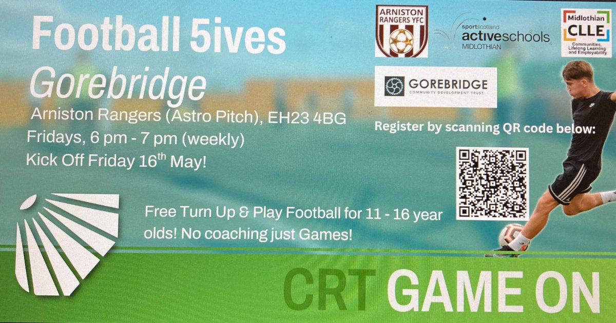 Active Midlothian (@active_mid) on Twitter photo Calling all Gorebridge young people in P7-S3!
Need somewhere to go to hang about with friends?
Come along Arniston Rangers Club (Arniston Rangers) every Friday for free food games of football ⚽️😋
6-7pm starts this Friday 16th May!
<a href="/ActiveNewbattle/">Active Schools Newbattle Area</a> <a href="/ArnistonRangers/">Arniston Rangers F.C</a> Calling all Gorebridge young people in P7-S3!
Need somewhere to go to hang about with friends?
Come along Arniston Rangers Club (Arniston Rangers) every Friday for free food games of football ⚽️😋
6-7pm starts this Friday 16th May!
<a href="/ActiveNewbattle/">Active Schools Newbattle Area</a> <a href="/ArnistonRangers/">Arniston Rangers F.C</a>