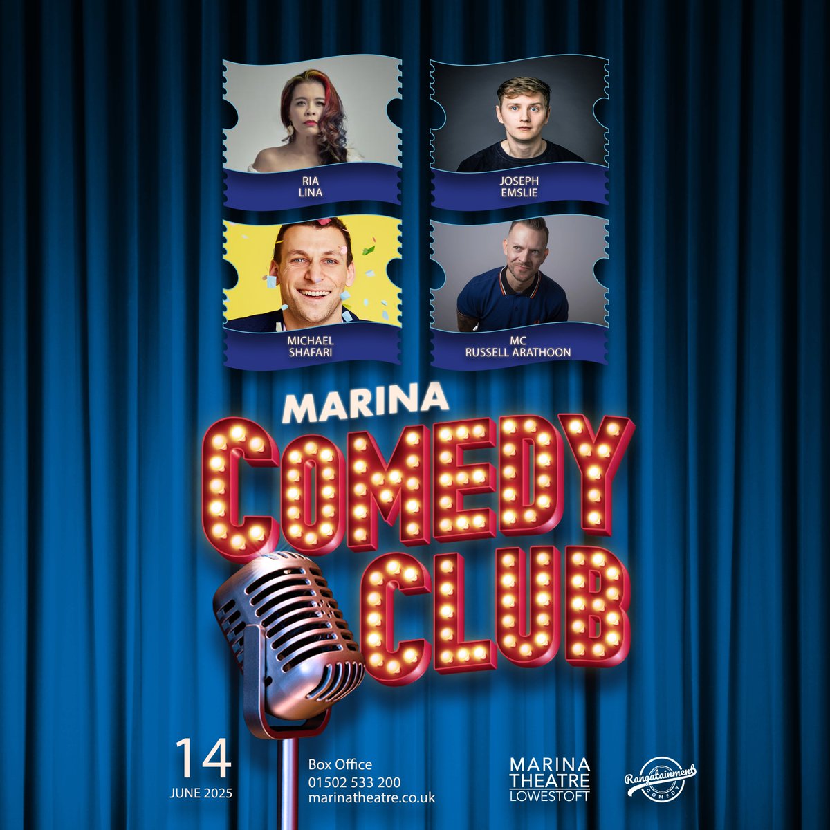 🚨Final show alert! Only 1 month to go!🚨

🤣Marina Comedy Club🤣

Join us on Sat 14th Jun at 8pm for one last show before our redevelopment! With hilarious headliner Ria Lina, the brilliant Joseph Emslie, Michael Shafar, and host Russell Arathoon!

🎟 marinatheatre.co.uk/whatson-event/… 🎟