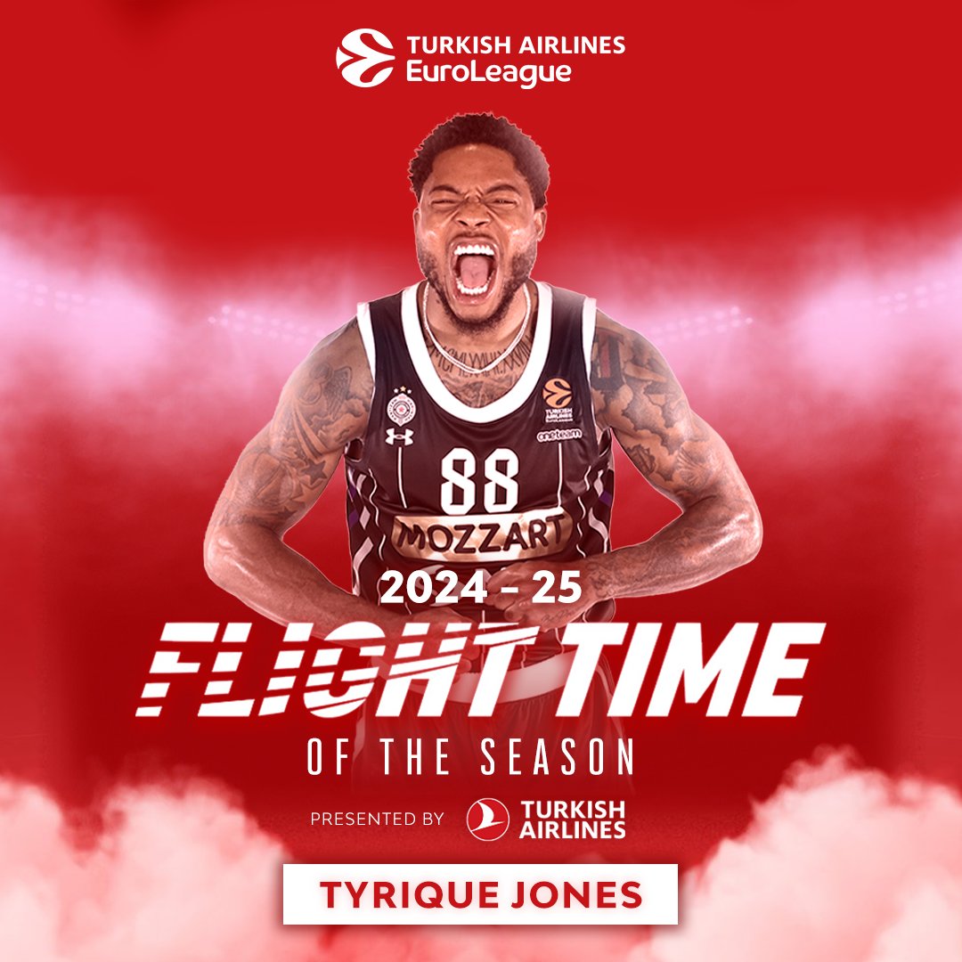 EuroLeague's tweet photo. This Tyrique Jones dunk has been chosen the #FlightTime of the 2024-25 season✈️
@PartizanBC  @TurkishAirlines https://t.co/1TaoSk9dCH