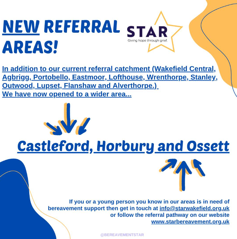 Wakefield Growing Healthy 0-19 team (@wakefield0_19) on Twitter photo The charity <a href="/STARBereavement/">Star Bereavement</a> support children affected by bereavement through counselling and other support in #Wakefield and have expanded the areas they work in 👇 The charity <a href="/STARBereavement/">Star Bereavement</a> support children affected by bereavement through counselling and other support in #Wakefield and have expanded the areas they work in 👇