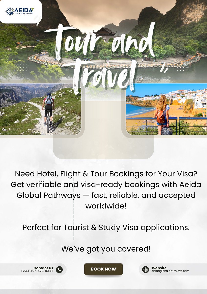 Need Hotel, Flight &amp; Tour Bookings for Your Visa?
Get verifiable and visa-ready bookings with Aeida Global Pathways — fast, reliable, and accepted worldwide!

Perfect for Tourist &amp; Study Visa applications.