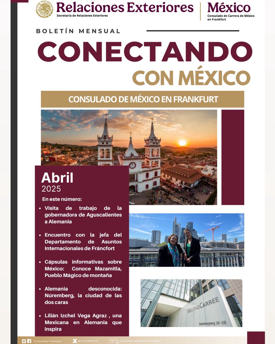 📰¡Ya está disponible nuestro boletín Conectando con #México🇲🇽 del mes de abril!
🖊️Conoce a una Mexicana en🇩🇪 que inspira: Lilián Vega Agraz creadora de nueveb.com 
📇No te pierdas las actividades más destacadas del Consulado
🗞¡Comparte!⤵️ 
portales.sre.gob.mx/saladeprensa/c…