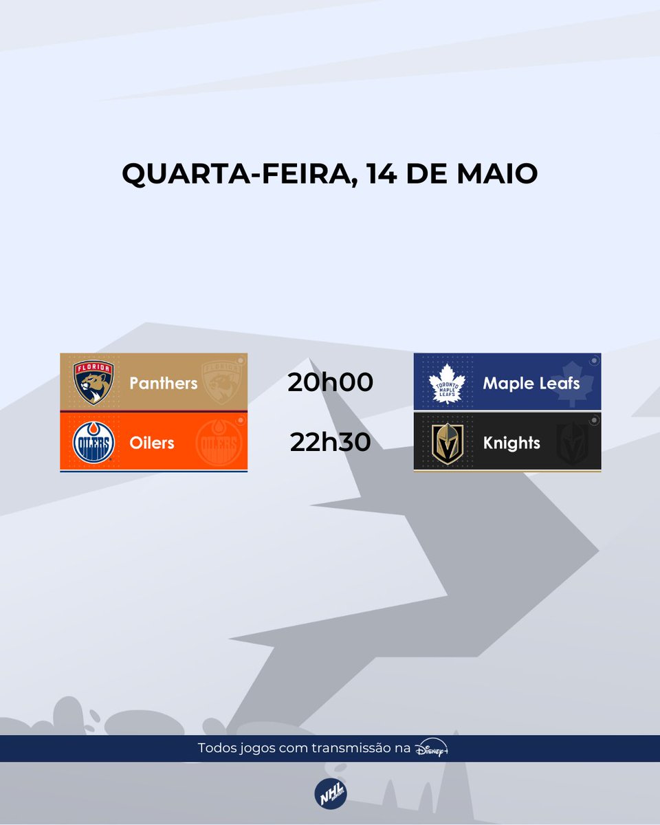 🚨JOGOS DO DIA 🚨

Quarta com o Oilers podendo fechar a série contra Vegas e com Leafs e Panthers tentando ficar na vantagem no jogo 5.

#BrasilTemNHL
