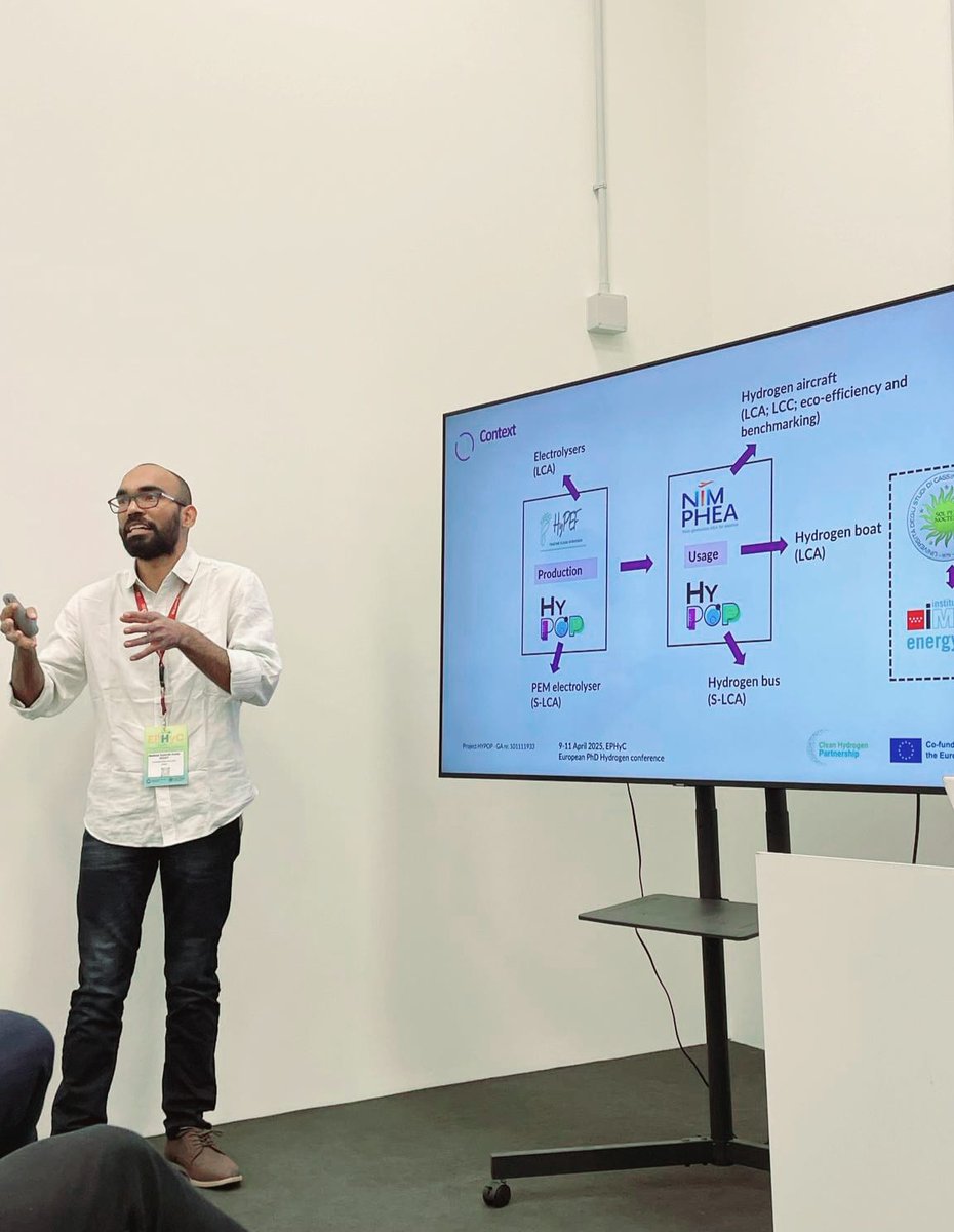 📣 Congrats to Sumanth Reddy from <a href="/IMDEA_Energia/">IMDEA Energia</a> , who presented his PhD research at the EPHyC 2025 in Trieste, Italy, where he also shared some exciting updates from our project!

#HYPOP #GreenHydrogen #SLCA #Sustainability #UrbanMobility #CleanEnergy #SocialImpact #Innovation
