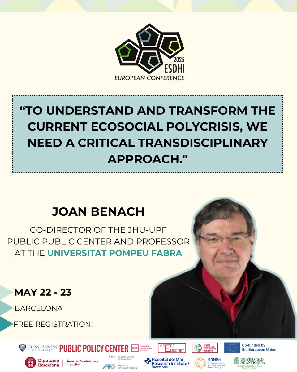GREDS-EMCONET (@gredsemconet) on Twitter photo 💼 How does precarious work affect our health?
Hear <a href="/joan_benach/">Joan Benach</a> at #ESDHI202💥
✨ Keynote:
"Transdisciplinary perspectives on the eco-social determinants of health"
📍 <a href="/UPFBarcelona/">UPF Barcelona</a> | 📅 May 22–23
🎟️ Free → bit.ly/4fyedyS #EU4Health 💼 How does precarious work affect our health?
Hear <a href="/joan_benach/">Joan Benach</a> at #ESDHI202💥
✨ Keynote:
"Transdisciplinary perspectives on the eco-social determinants of health"
📍 <a href="/UPFBarcelona/">UPF Barcelona</a> | 📅 May 22–23
🎟️ Free → bit.ly/4fyedyS #EU4Health