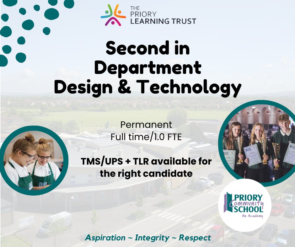 TPLT Careers (@tpltcareers) on Twitter photo - 2nd in Department DT -
<a href="/_TPLT_/">The Priory Learning Trust</a> <a href="/Priorycsa/">Priory Community School - an Academy</a>
Are you passionate about Design & Technology and ready to help lead a thriving department?
Join us and help shape the future of D&T at PCSA ๐
bit.ly/44If6SZ
#Teaching #DT #JoinUs - 2nd in Department DT -
<a href="/_TPLT_/">The Priory Learning Trust</a> <a href="/Priorycsa/">Priory Community School - an Academy</a>
Are you passionate about Design & Technology and ready to help lead a thriving department?
Join us and help shape the future of D&T at PCSA ๐
bit.ly/44If6SZ
#Teaching #DT #JoinUs