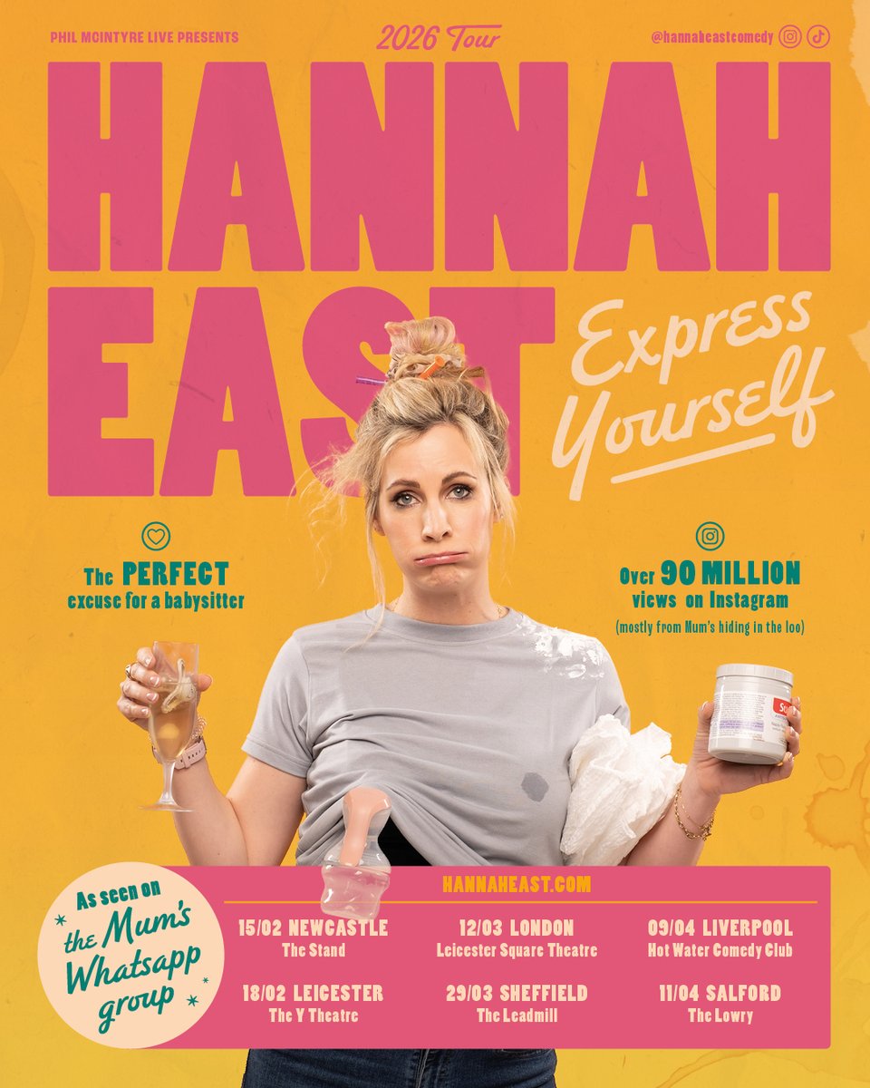 📢 TOUR ANNOUNCEMENT 📢

Hannah East’s brand-new show is a hilarious deep dive into the highs and lows of parenting.

With millions of views across her viral comedy reels, she brilliantly captures the chaos, joy, and absurdity of mum life.

Buy Now! hannaheast.com/comedy/