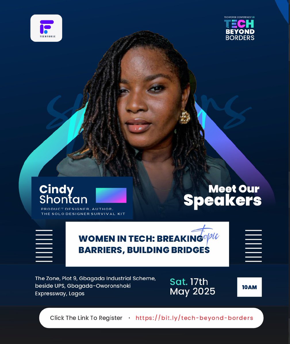 I'm speaking at Tech Beyond Borders Conference this May in Lagos! 🔥
Catch me on the panel: "Women in Tech: Breaking Barriers, Building Bridges."

Tech is not just evolving — it’s being reimagined by women building boldly.
🎟️ Register or join the waitlist: bit.ly/tech-beyond-bo…