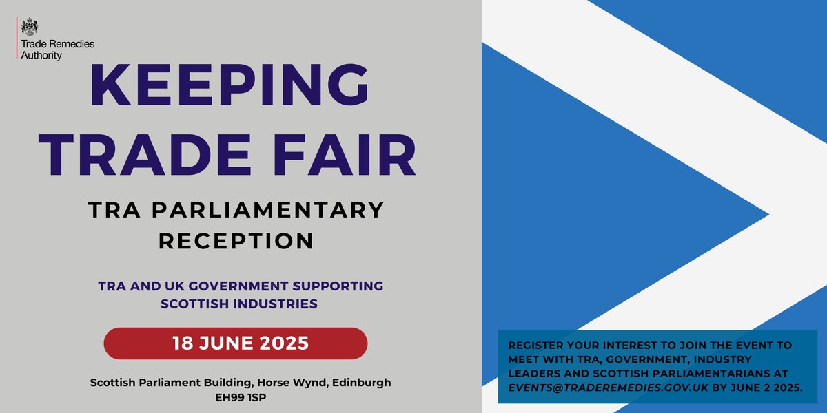 UK Trade Remedies Authority (TRA) (@traderemediesuk) on Twitter photo The Trade Remedies Authority is coming to Holyrood🏴
On June 18th, TRA representatives will be at the #Scottish Parliament, in a reception sponsored by <a href="/MichelleThomson/">Michelle Thomson</a> MSP, sharing how we're protecting Scottish businesses from unfair trading practices... The Trade Remedies Authority is coming to Holyrood🏴
On June 18th, TRA representatives will be at the #Scottish Parliament, in a reception sponsored by <a href="/MichelleThomson/">Michelle Thomson</a> MSP, sharing how we're protecting Scottish businesses from unfair trading practices...