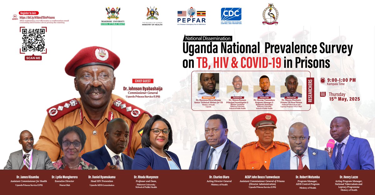 National Dissemination and Data utility meeting

We warmly invite you to join us as we share and discuss the findings of the Uganda National Prevalence Survey on TB, HIV, and COVID-19 among People in Prisons and Prison Staff.

⦿ Thursday, 15th May 2025, 
🕘 9:00 am to 1:00 pm.