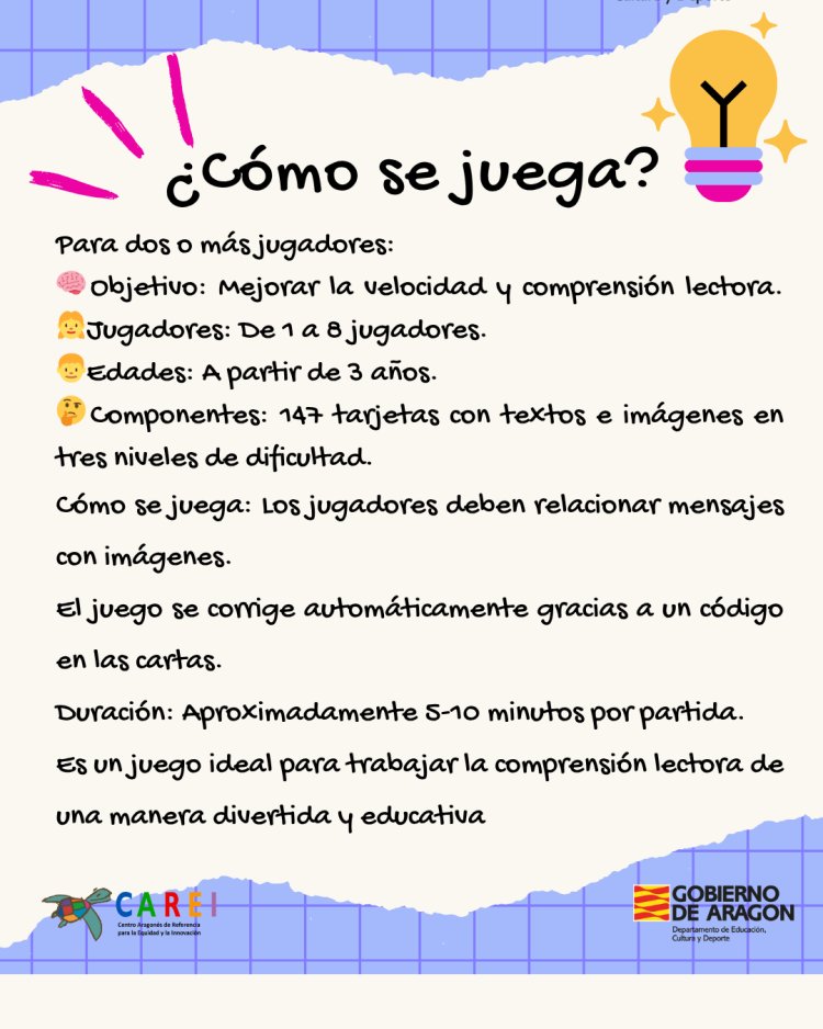 EN PRÉSTAMO: TURBO LECTOR
Un juego de cartas, sencillo y eficaz para trabajar la comprensión lectora de una manera divertida. Ideal para final de curso y para aquel alumnado con desconocimiento del español.  

Solicitud de préstamo: bibliocarei@gmail.com