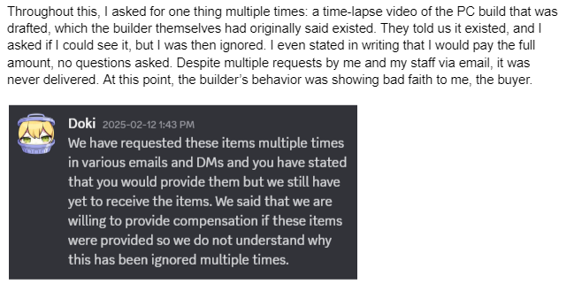 JackCanongia's tweet photo. These 2 screenshots are all you need to understand the core of what happened.

PC Builder tried to scam money out of Doki, refused to provide proof of work that they claimed existed.

Doki reimbursed the winner of that auction bidding and the scammer failed to get their money. https://t.co/uaKHtSrXFx