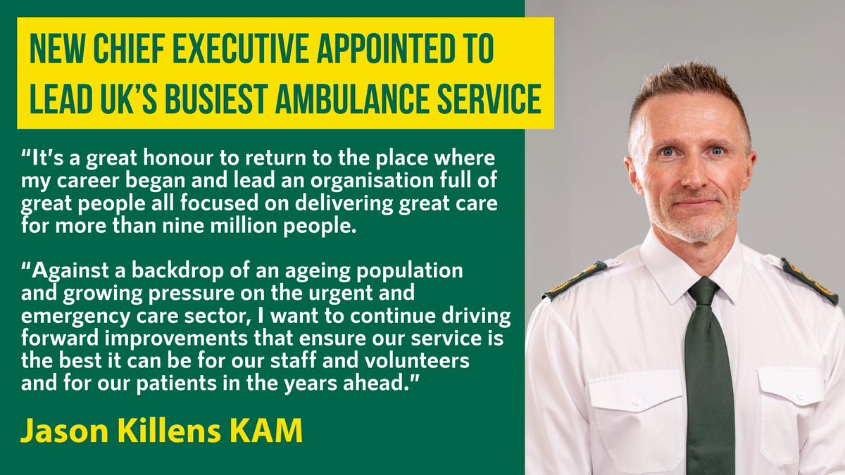 London Ambulance Service (@ldn_ambulance) on Twitter photo We are pleased to announce that @JasonKillens KAM has been appointed as our new Chief Executive.
Jason, who will take up his post in the summer, has nearly 30 years’ experience in the ambulance sector. He is currently Chief Executive of <a href="/WelshAmbulance/">Welsh Ambulance</a>.
londonambulance.nhs.uk/2025/05/14/new… We are pleased to announce that @JasonKillens KAM has been appointed as our new Chief Executive.
Jason, who will take up his post in the summer, has nearly 30 years’ experience in the ambulance sector. He is currently Chief Executive of <a href="/WelshAmbulance/">Welsh Ambulance</a>.
londonambulance.nhs.uk/2025/05/14/new…