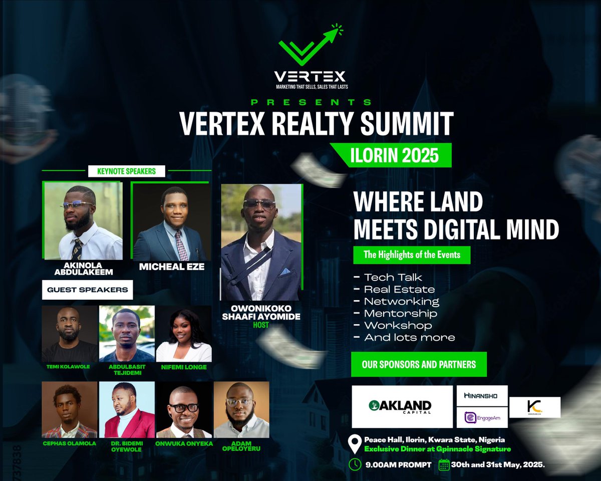 Inside Ilorin NG 🇳🇬 (@insideilorin_ng) on Twitter photo Vertex Realty Summit 2025 is here in Ilorin!
“Where Land Meets Digital Mind" offers great tech discussions, real estate insights, Workshop and valuable connections. Eager to hear from our speakers <a href="/OnwukaMonyeka/">#DaddyGold</a> <a href="/temikeezy/">Temi Kolawole</a>, <a href="/shaafiowonikoko/">Shaafi Owonikoko</a>, <a href="/Kynsofficial/">Àgbà Akin</a>, <a href="/brainadam_/">Brown Sugar 🤎</a>, Vertex Realty Summit 2025 is here in Ilorin!
“Where Land Meets Digital Mind" offers great tech discussions, real estate insights, Workshop and valuable connections. Eager to hear from our speakers <a href="/OnwukaMonyeka/">#DaddyGold</a> <a href="/temikeezy/">Temi Kolawole</a>, <a href="/shaafiowonikoko/">Shaafi Owonikoko</a>, <a href="/Kynsofficial/">Àgbà Akin</a>, <a href="/brainadam_/">Brown Sugar 🤎</a>,