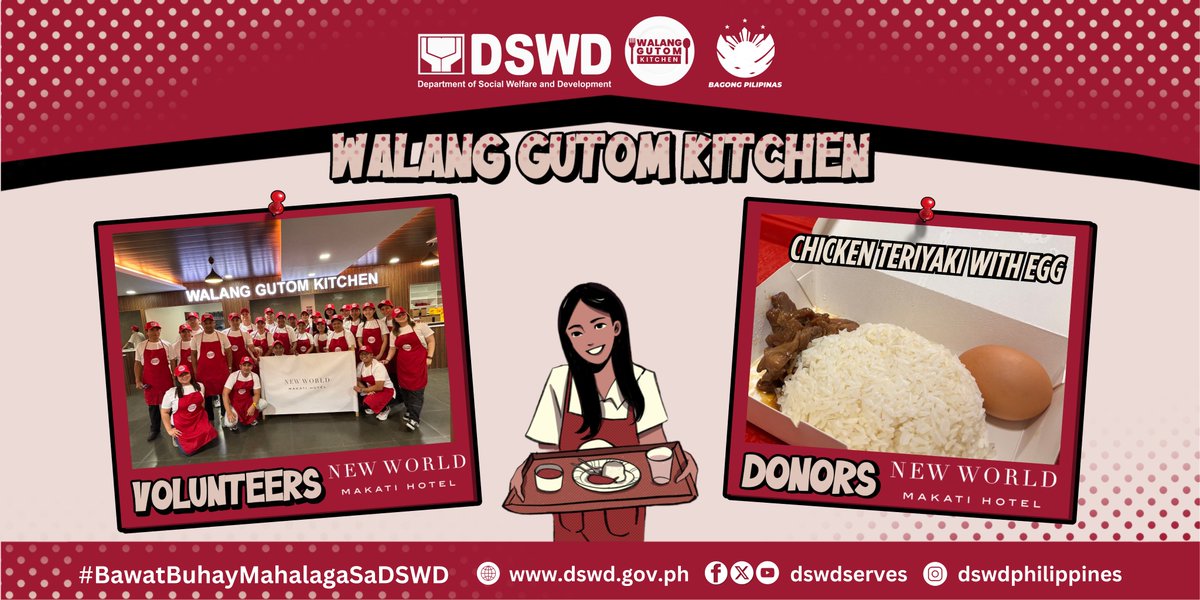 DSWDPagAbot's tweet photo. Maraming salamat sa New World Makati Hotel na naging volunteers of the day sa Walang Gutom Kitchen at pagbabahagi ng mga hot meals para sa ating mga kliyente.
Para sa mga nais magbigay ng donasyong pagkain o magvolunteer sa Walang Gutom Kitchen, magpadala lamang ng mensahe o tumawag sa 0916-829-7202.