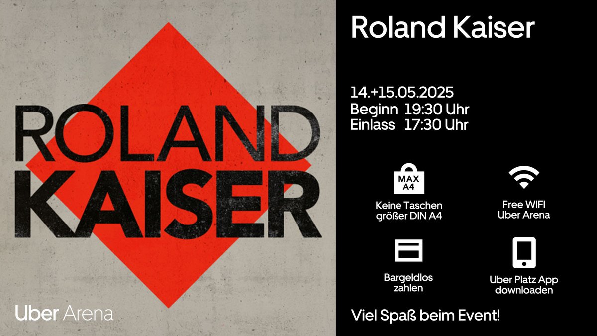 "Ich werde da sein" - und ihr hoffentlich auch! Wir können es kaum erwarten, Roland Kaiser heute und morgen live zu sehen. 😍
 
Beginn: 19:30 Uhr | Einlass: 17:30 Uhr
 
🌏 Kostenloses WLAN
👜 max. DIN A4
❗ Infos: uber-arena.de/ihr-besuch/hin…