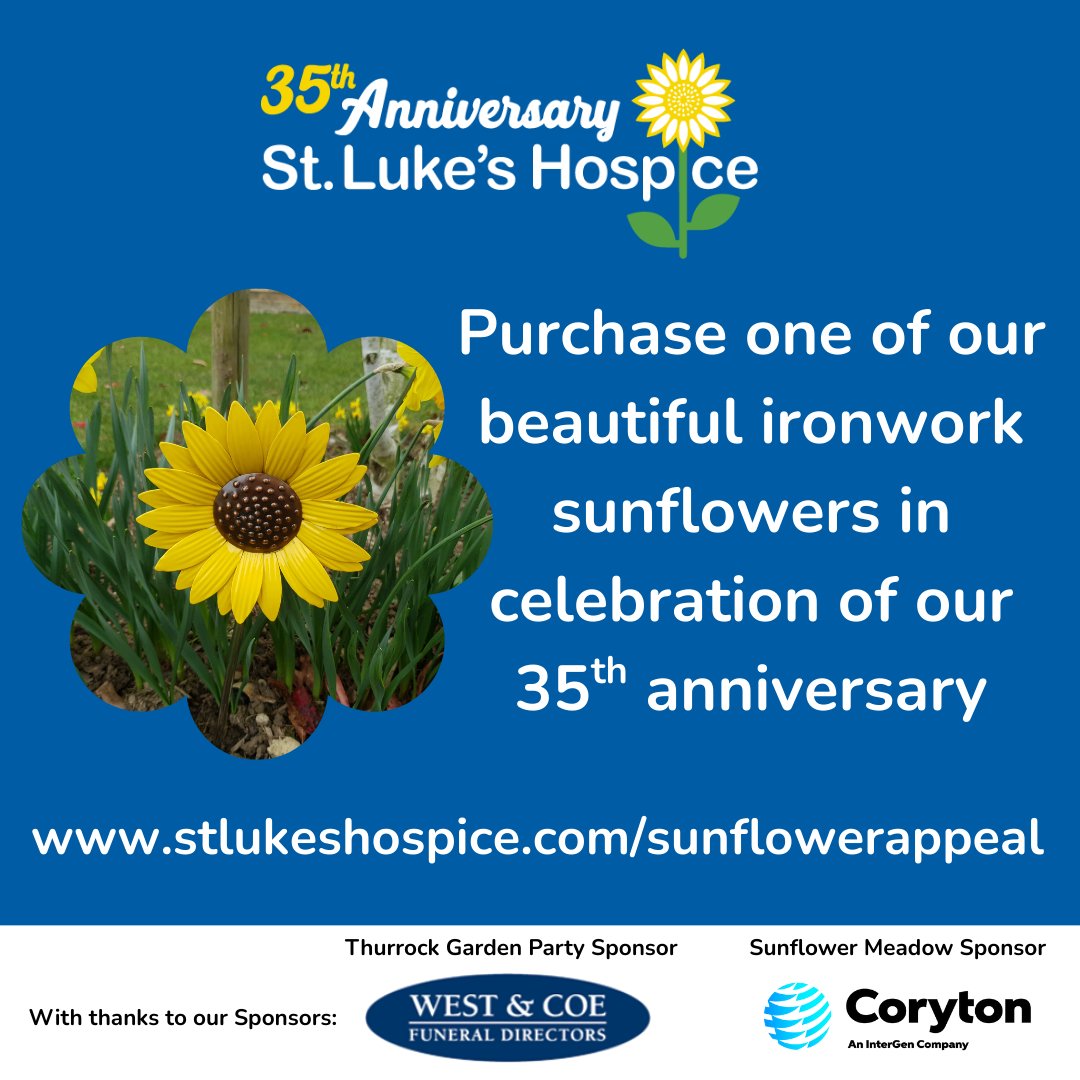 As part of our 35th anniversary celebrations, we’re creating a special Sunflower Meadow at our Thurrock Garden Party on Saturday 15 June. You can purchase a beautiful ironwork sunflower to be part of it. 
Buy your ironwork sunflower today: stlukeshospice.com/sunflowerappeal 
#LoveStLukes 💙