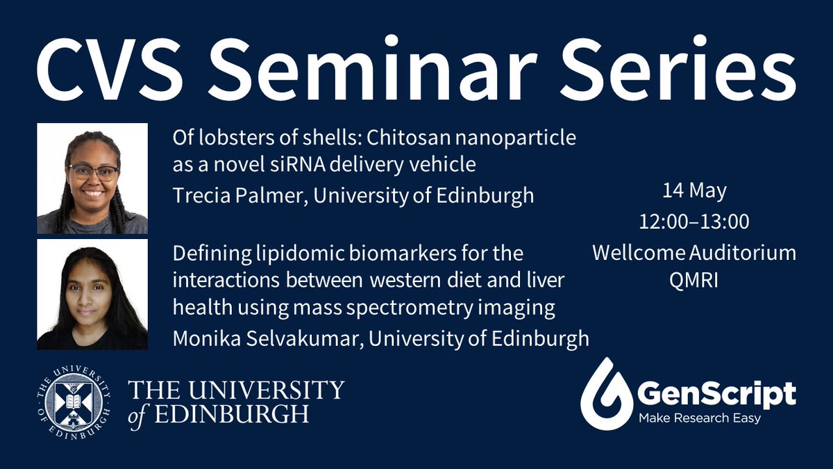 EdinUniCVS (@edinunicvs) on Twitter photo Trecia Palmer and Monika Selvakumar are sharing their research at this week’s CVS Seminar – join us today!
🗓️ 14 May, 12:00–13:00
📍 Wellcome Auditorium, QMRI <a href="/EdinburghBQ/">Edinburgh BioQuarter</a>
Join on Teams ➡️ edin.ac/4iLwRUF Trecia Palmer and Monika Selvakumar are sharing their research at this week’s CVS Seminar – join us today!
🗓️ 14 May, 12:00–13:00
📍 Wellcome Auditorium, QMRI <a href="/EdinburghBQ/">Edinburgh BioQuarter</a>
Join on Teams ➡️ edin.ac/4iLwRUF